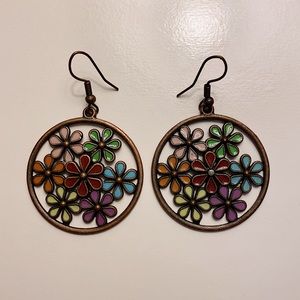 Multicolor Colorful Flower Dangle Hoop Earrings